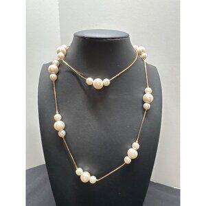 Gold-Tone Faux Pearl Station Necklace 28 Inches Long Elegant Jewelry For Women
